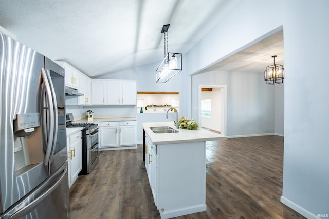 kitchen featuring appliances with stainless steel finishes, sink, pendant lighting, a center island with sink, and white cabinetry