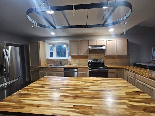 kitchen with sink, light brown cabinets, stainless steel appliances, wood counters, and light hardwood / wood-style flooring