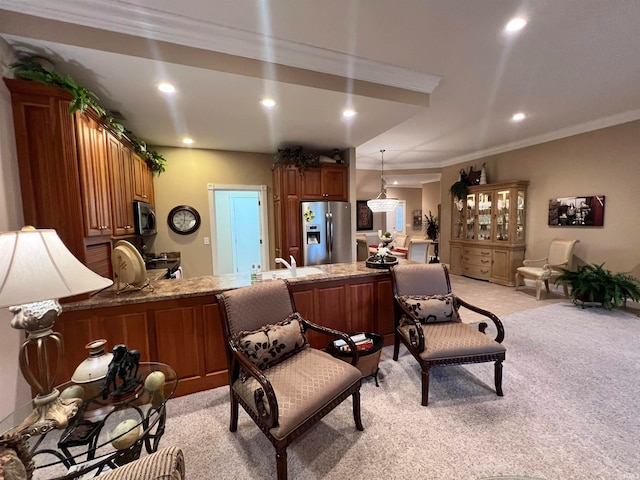 interior space with light colored carpet and ornamental molding