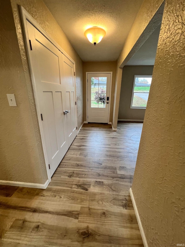 doorway to outside with hardwood / wood-style flooring and a textured ceiling