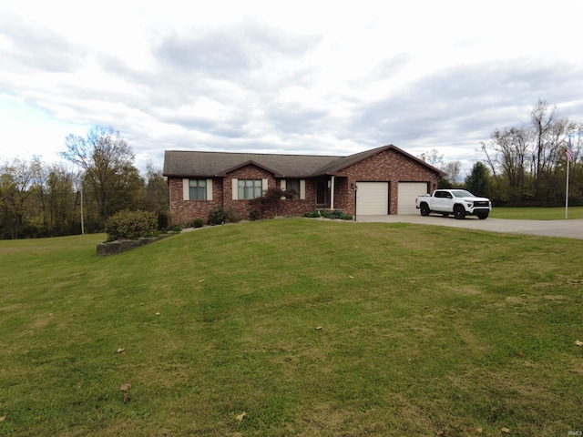 ranch-style home with a front yard and a garage