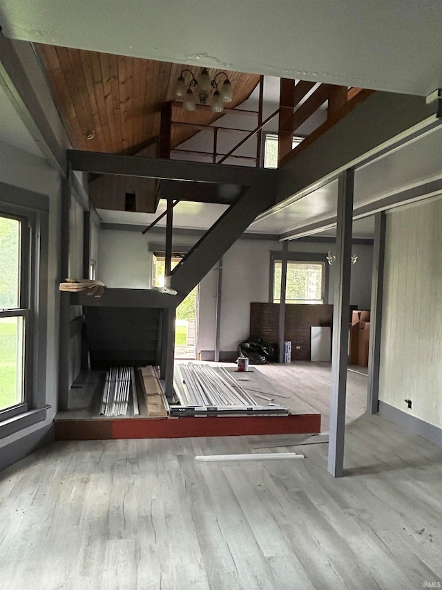 interior space with hardwood / wood-style floors and wood ceiling