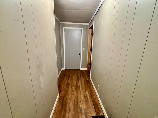 corridor featuring wood walls, crown molding, and dark hardwood / wood-style floors