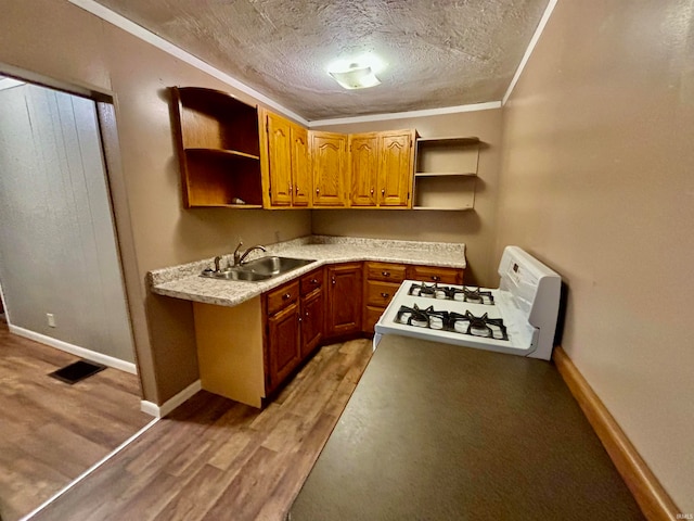 kitchen featuring a textured ceiling, light hardwood / wood-style floors, sink, and white gas range oven