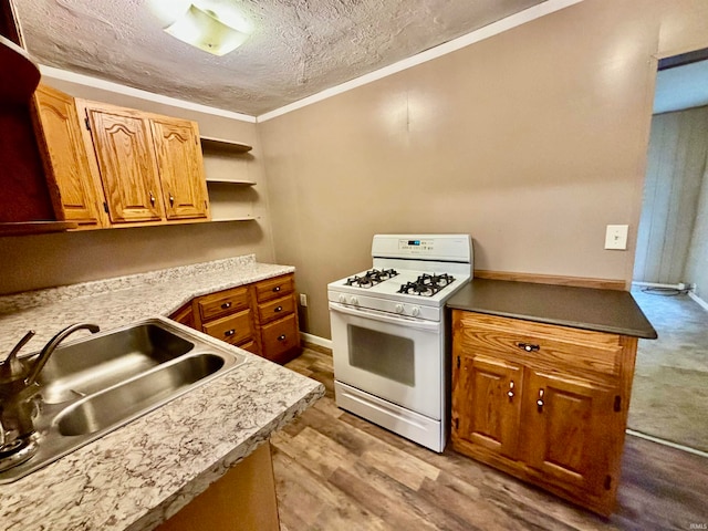 kitchen with sink, white gas stove, a textured ceiling, and light wood-type flooring