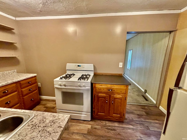 kitchen with ornamental molding, dark wood-type flooring, and gas range gas stove