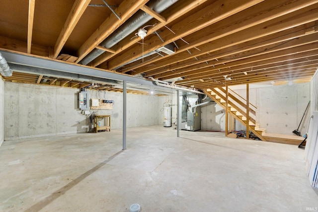 basement with heating unit and water heater