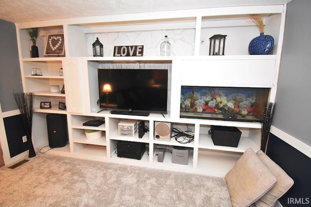 carpeted living room featuring a textured ceiling