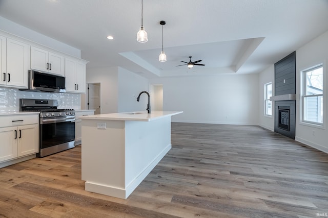 1173 Olympiada Knl, Fort Wayne, IN 46845 - kitchen featuring appliances with stainless steel finishes, a raised ceiling, a ceiling fan, open floor plan, and a sink