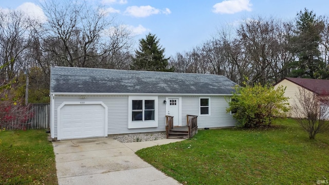 single story home with a front yard and a garage