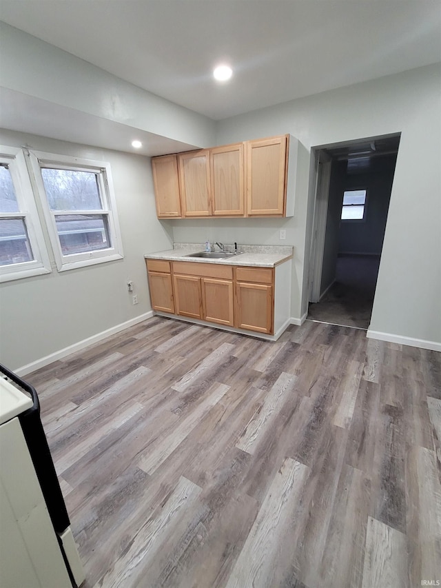 kitchen featuring light brown cabinetry, light wood-type flooring, and sink