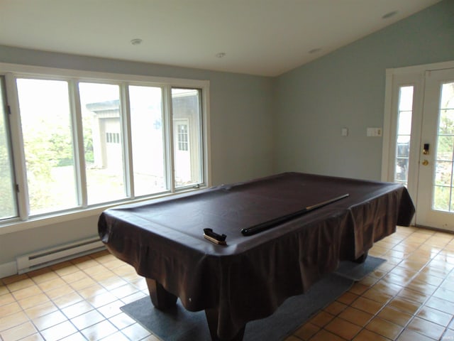 game room with light tile patterned flooring, vaulted ceiling, pool table, and a baseboard radiator