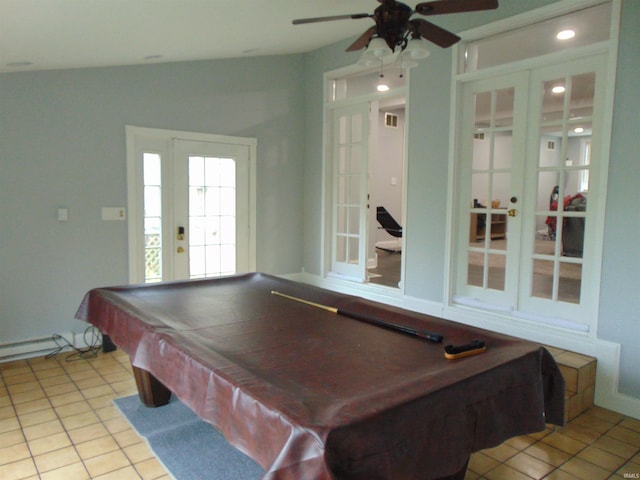 rec room featuring french doors, vaulted ceiling, ceiling fan, pool table, and light tile patterned flooring