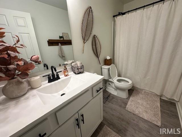 bathroom with vanity, toilet, and wood-type flooring