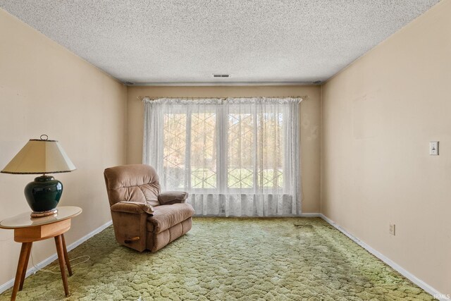 sitting room featuring carpet floors and a textured ceiling