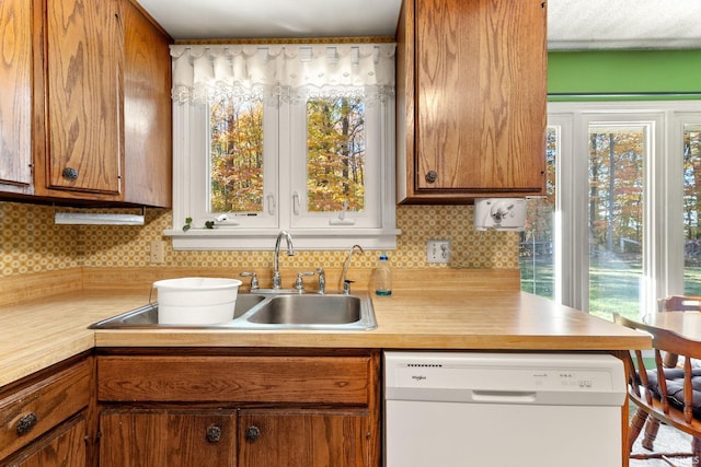 kitchen with dishwasher, decorative backsplash, and sink