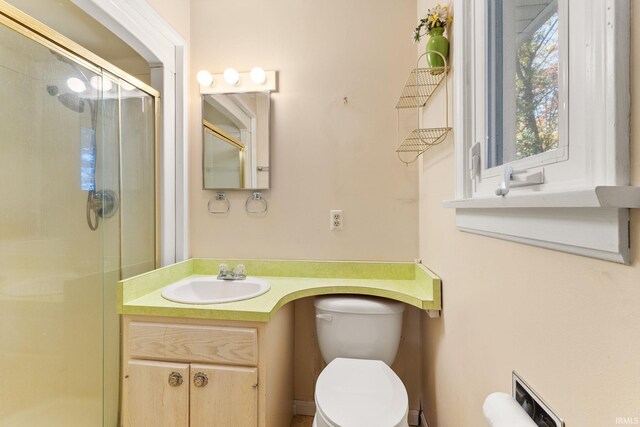 bathroom with vanity, toilet, and an enclosed shower