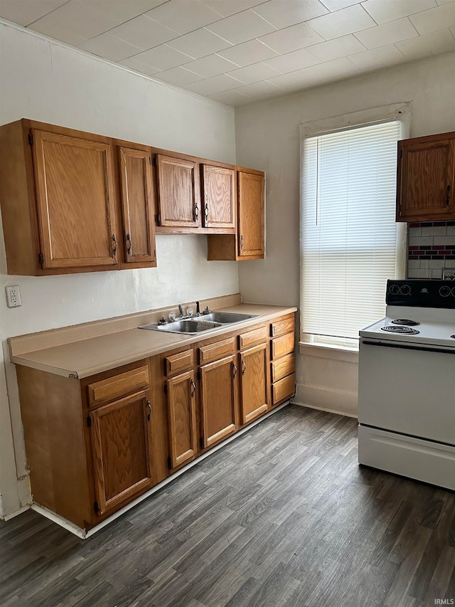 kitchen featuring decorative backsplash, stove, dark wood-type flooring, and sink