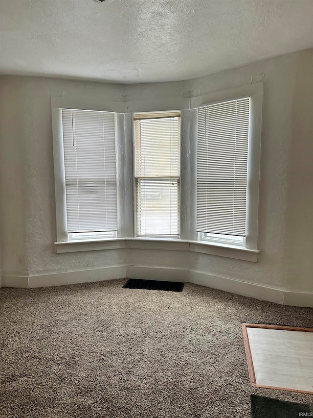 unfurnished room with a textured ceiling and carpet floors