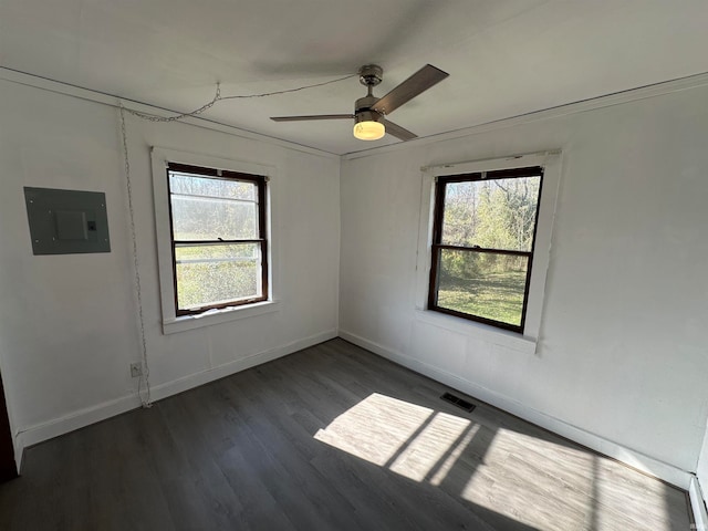 empty room with plenty of natural light, ceiling fan, dark hardwood / wood-style flooring, and electric panel