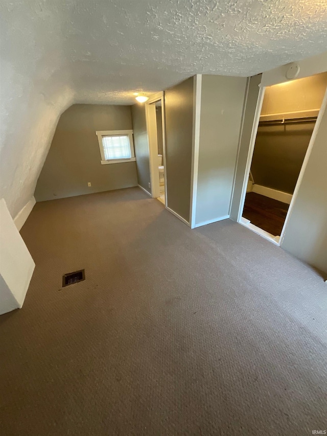 additional living space with lofted ceiling, carpet, and a textured ceiling