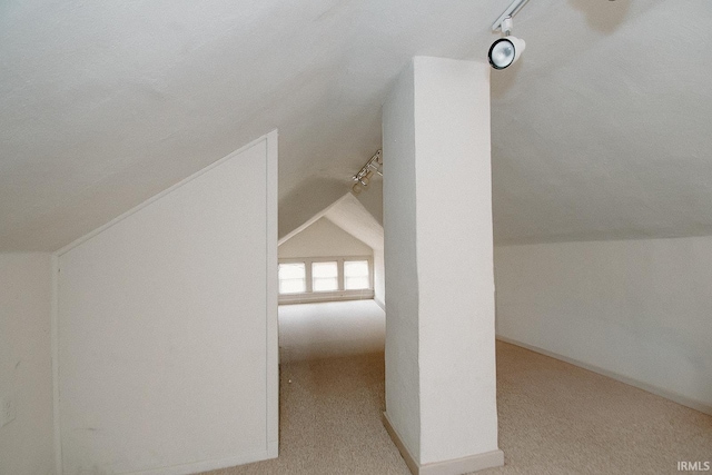 additional living space with a textured ceiling, lofted ceiling, and light carpet