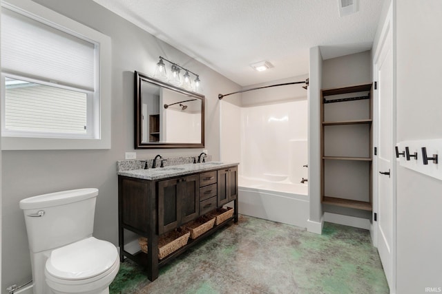 full bathroom with toilet, vanity, a textured ceiling, and bathing tub / shower combination