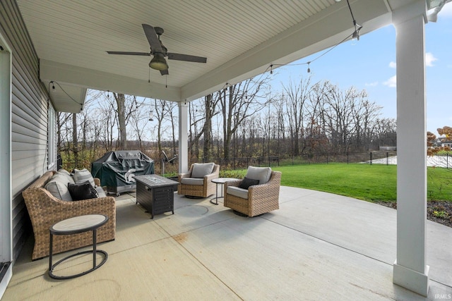 view of patio with outdoor lounge area, area for grilling, and ceiling fan