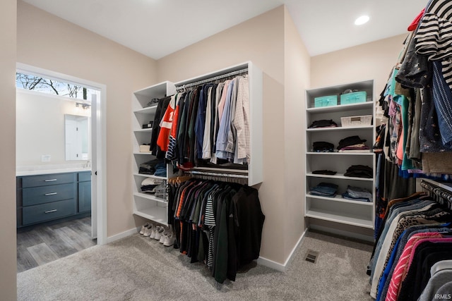 walk in closet with light colored carpet