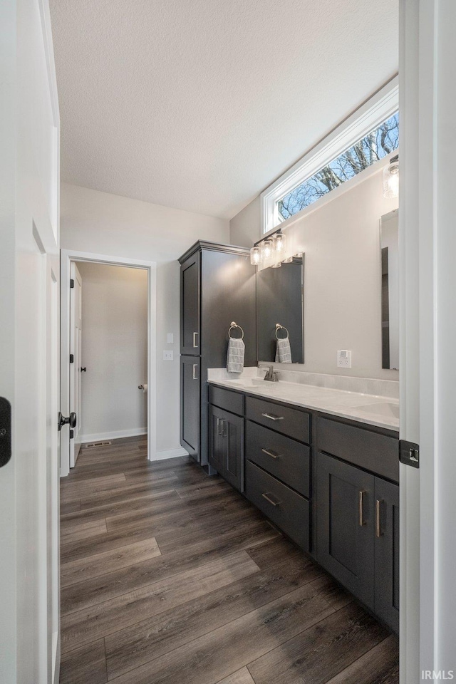 bathroom with a textured ceiling, vanity, and hardwood / wood-style flooring