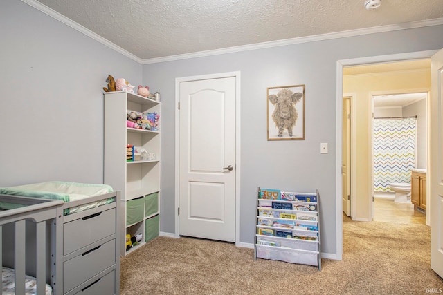 interior space with crown molding, light colored carpet, and a textured ceiling