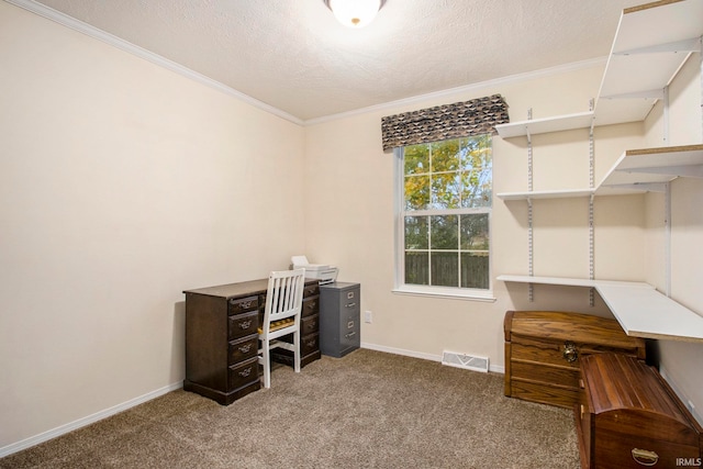 home office featuring carpet flooring, crown molding, and a textured ceiling