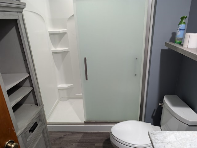 bathroom featuring wood-type flooring, vanity, toilet, and a shower with door