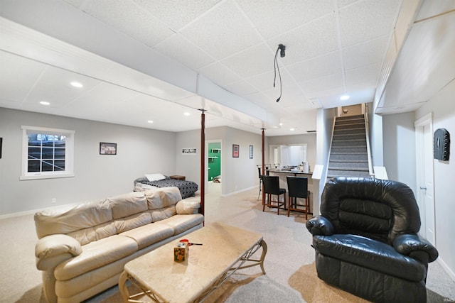 living room featuring light colored carpet