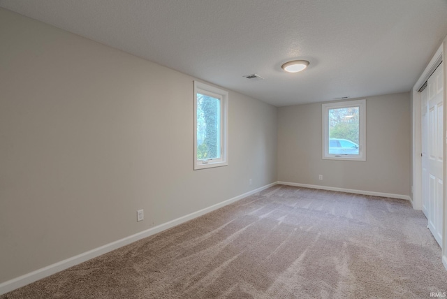 unfurnished room with light carpet, a textured ceiling, and a wealth of natural light