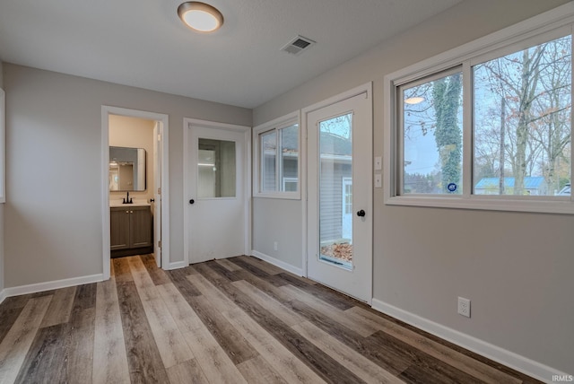 doorway to outside with light hardwood / wood-style floors and sink