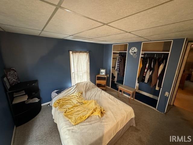 carpeted bedroom with a closet and a drop ceiling