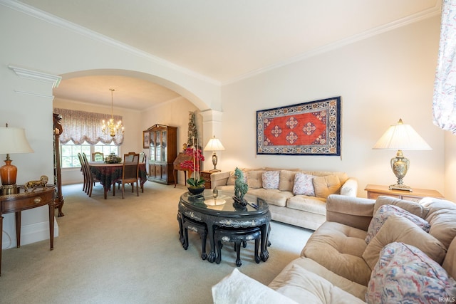 carpeted living room featuring a chandelier and crown molding