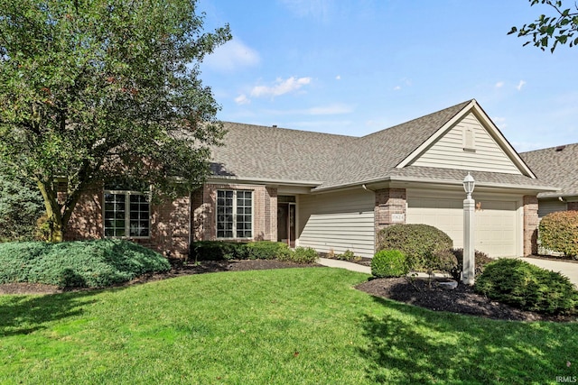 single story home with a garage and a front yard