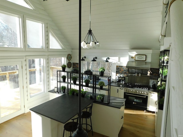 kitchen featuring an inviting chandelier, high end black range oven, light hardwood / wood-style floors, hanging light fixtures, and lofted ceiling