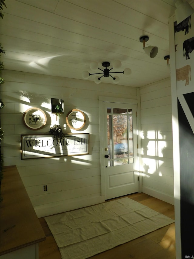 entryway with wood-type flooring and wood walls