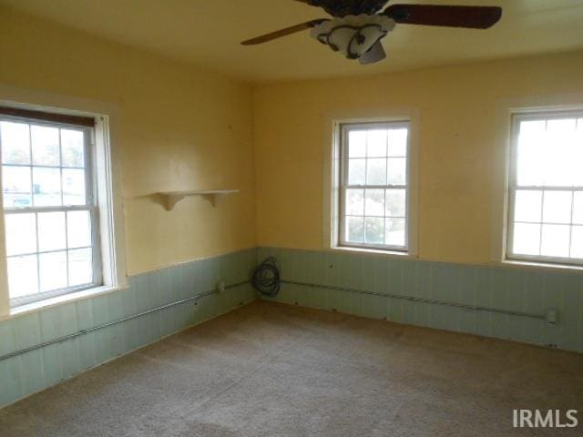 unfurnished room with ceiling fan, light colored carpet, and a healthy amount of sunlight