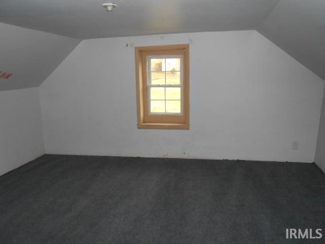 additional living space featuring dark colored carpet and vaulted ceiling