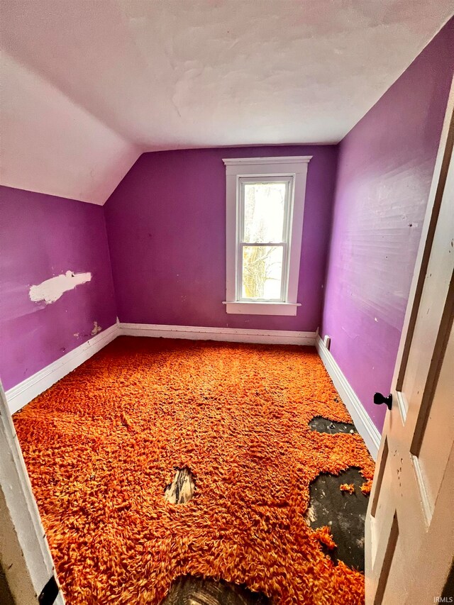 additional living space featuring lofted ceiling, baseboards, and carpet flooring