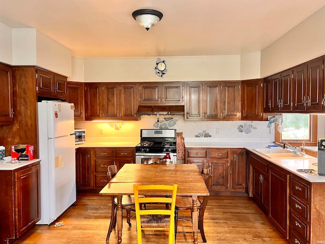 kitchen with light countertops, appliances with stainless steel finishes, light wood-type flooring, and a sink