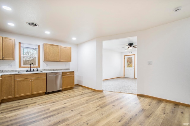 kitchen with ceiling fan, dishwasher, light hardwood / wood-style floors, and sink