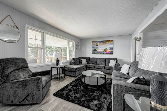 living room featuring a textured ceiling and light hardwood / wood-style flooring