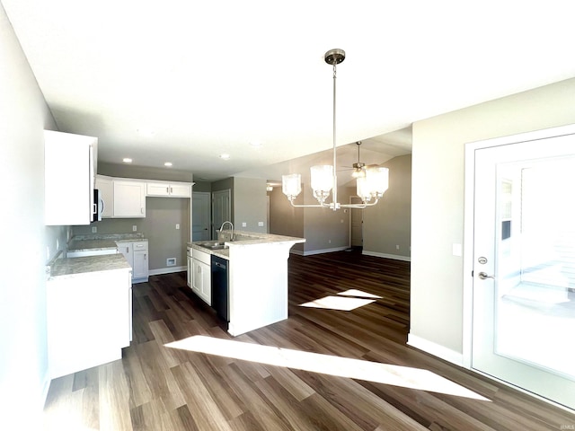 kitchen featuring sink, white cabinetry, black dishwasher, an island with sink, and pendant lighting