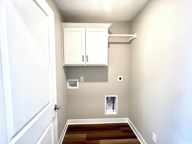 laundry area with cabinets, electric dryer hookup, washer hookup, and dark hardwood / wood-style flooring