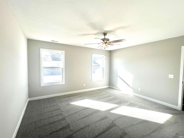 spare room featuring a textured ceiling, a wealth of natural light, ceiling fan, and carpet flooring